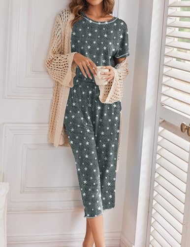 Image of Ekouaer 2 Pack Womens Pajamas Sets Short Sleeve Tops and Capri Pants Pjs