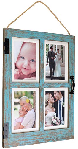 EXCELLO GLOBAL PRODUCTS Vintage Farmhouse Window Photo Frame Rustic Hanging Distressed Wood Collage Picture Frame Holds Four 4×6 or 5×7 Photos Blue Color
