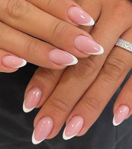 Artquee French Tip Press on Nails Short Pink French Almond  Tips White Glossy Reusable Fake Stick on Nails Kit for Women - 30 Pcs 15 Sizes