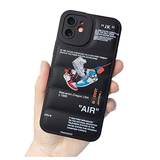Ins Off Sports Shoes Brand Puffer Phone Case Compatible with iPhone 13 6.1 inch, Sneakers Ins White Label Pattern Graphics Soft Silicone Full Body Shockproof Protective Phone Case for iPhone 13, Black