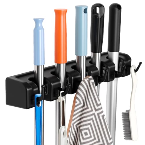KMASHI Broom and Mop Holder, Wall Mounted Organizer Mop and Broom Storage Tool Rack with 5 Ball Slots and 6 Hooks (1PACK)