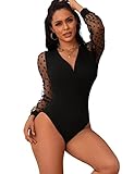 ohyeahlady Women's Bodysuits Elegant Lace Black Bodysuit V-Neck Mesh Polka Dot Long Sleeve Leotard Tops Body Suit Ladies Going Out Tops UK 10-12 - Image 1