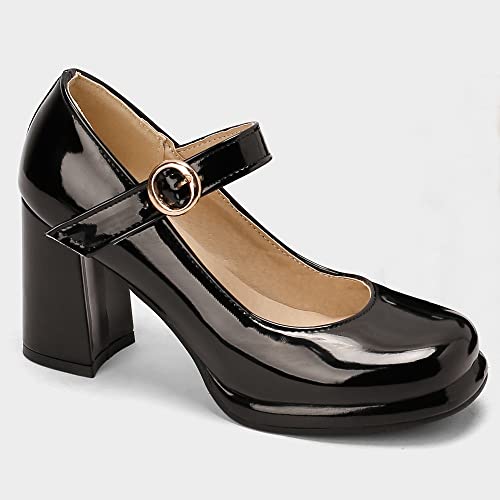 Women Retro Mary Jane Shoes Chunky High Block Heels Patent Leather Buckle Strap Closed Toe Platform Pumps Dress Work Shoes3