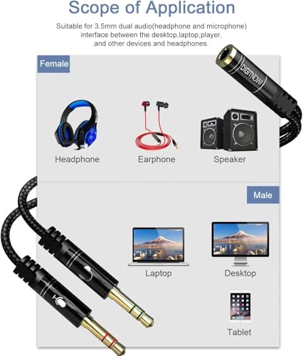 image for DigitConvert Headphone Splitter Cable for Computer, 3.5mm Female to 2 