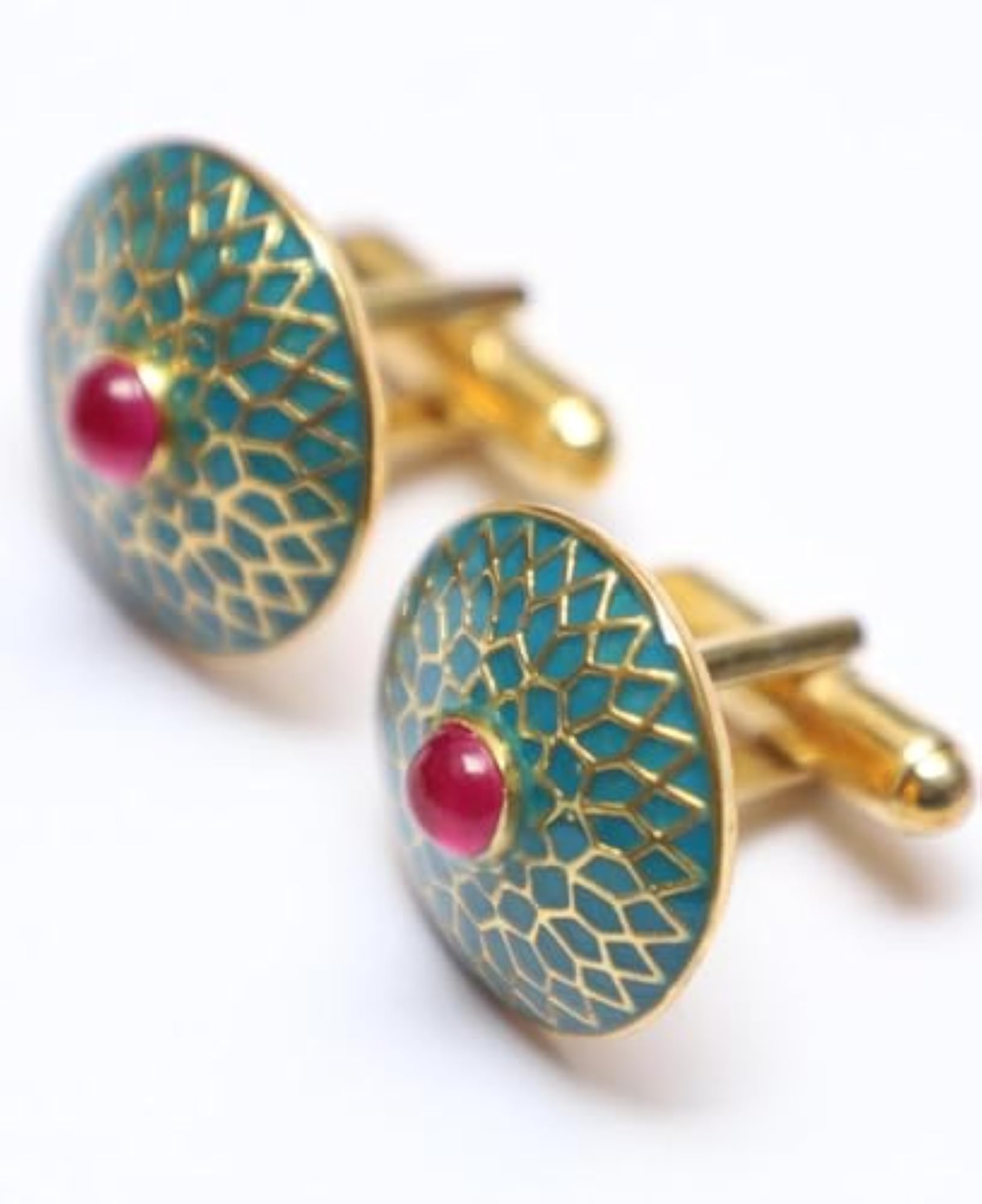 Men's Blue Topaz Enamel Red Stone Round Shape Cufflinks, Sterling Silver