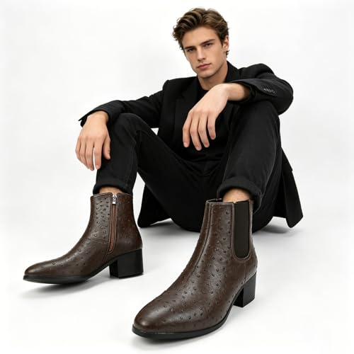 Image of Men'S Classic Leather Chunky Heel Chelsea Boots With Side Zipper Fashion Pointed Toe Elastic Band High Top Block High Heel Formal Chukka Booties For Casual Business Party Wedding