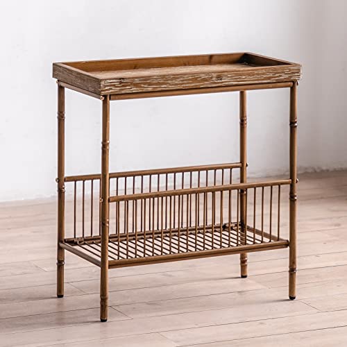 HollyHOME Table D'appoint Plateau en Bois Cadre en Métal Semblable à du Bambou avec Panier Assemblage Facile Table de Canapé pour Salon Chambre Bureau Intérieur Jardin Patio Cover