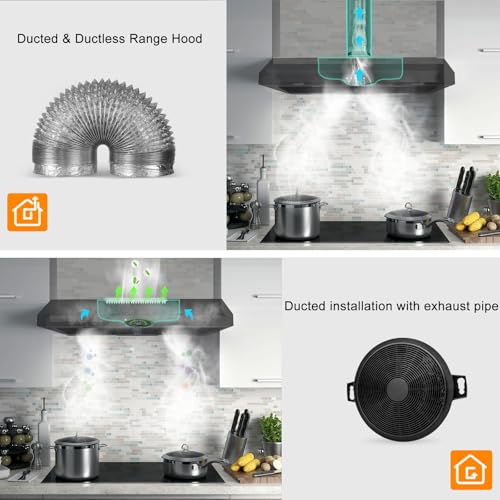 Upgraded 600 CFM Range Hood 30 inch, Black Under Cabinet Range Hood for Duct/Ductless Convertible, Stainless Steel Kitchen Stove Vent with 3 Speed Kitchen Exhaust Fan and Two Bright Energy-Saving LED