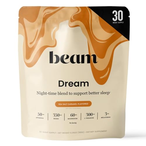 Beam Dream Sleep Powder – Sleep Aid for Adults with Melatonin, Magnesium, L-Theanine, Reishi Mushroom & Apigenin Sleep Supplement, Sleepy Cocoa Bedtime Drink Mix, Sea Salt Caramel Flavor, 30 Servings