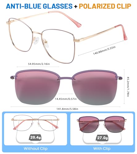 Image of Women's Large Blue Light Blocking Glasses plus Magnetic Sunglasses Clip, Easy to Switch to Shades for Driving