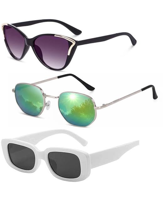 Y&S Unisex Goggle Combo| Combo Offer Pack of Branded Latest Stylish| Black Cateye Green Hexagonal White Candy for Men and Women with Box|3-1318