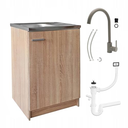 Stamar Sonoma Armoire d'évier de cuisine 60 cm avec robinet et siphon lave-vaisselle prêt à monter