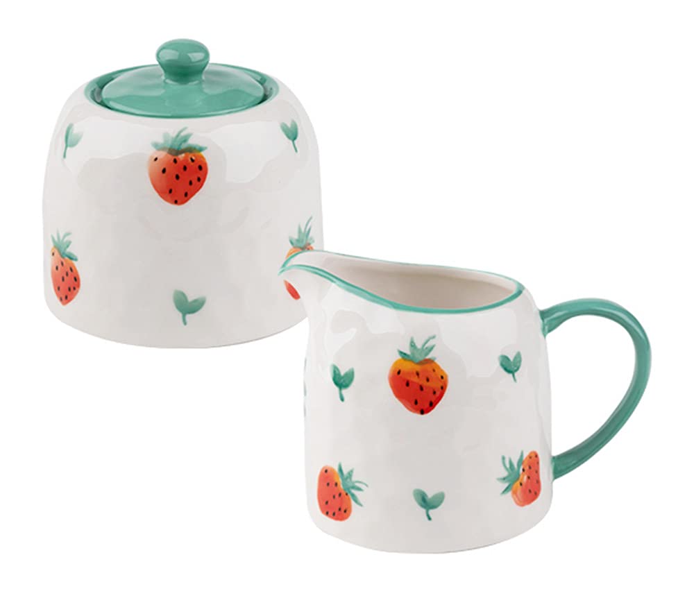 Mozacona Ceramic Creamer Pitcher Sugar Bowl Set,Strawberry Printing Coffee Serving Set
