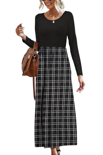 Image of AUSELILY Womens Long Sleeve Maxi Dress Casual Empire Waist with Pockets | Versatile year round long dress for spring, fall, winter, available in floral prints and solids