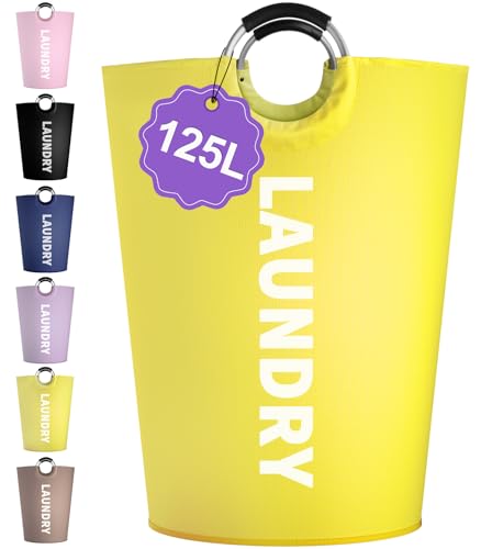 Image of 125L Large Laundry Basket with Handles, Foldable Clothes Hampers Stand Up Well, Portable Dirty Clothes Hamper, Rugged Laundry Basket for Flat, Dorm, Travel, Yellow