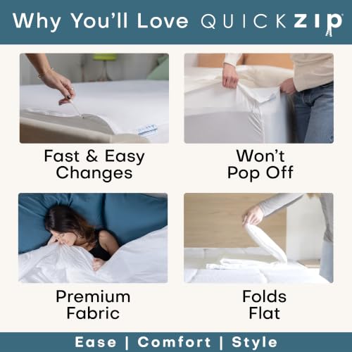 Image of QuickZip Fitted Plus Spare Bundle: 1 Fitted Sheet (Base + Zip Sheet) & 1 Zip Sheet - Easy to Change, Won't Pop Off - Soft Sateen 400 TC 100% Cotton - 17.5 inch Deep Pockets Calking Size - Slate Gray