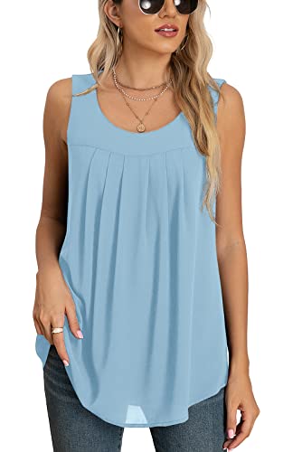 Quezhu Summer Tanks For Women Dressy Elegant Chiffon Tops And Blouse O-Neck Layered Sleeveless Blouses,Light Blue,Small #TOP7