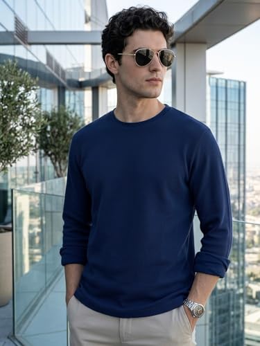 Image of Urbano Fashion Men's Textured Round Neck Oversized Full Sleeve Cotton T-Shirt