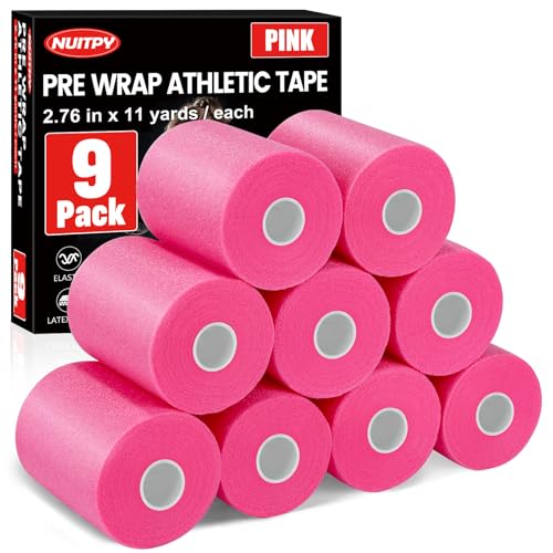 9 Pack Pre Wrap Athletic Tape 2.76 Inch x 11 Yards Prewrap Tape for Hair Soccer Pre Wrap Foam Underwrap Tape Soccer Pre Wrap Tape Prewrap Tape for Hair Wrists Hands Ankles Knees - Pink