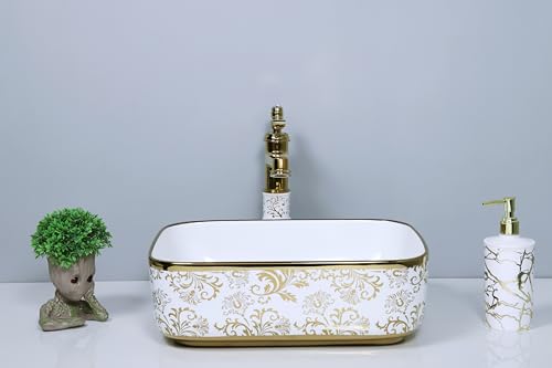 Image of LUXART Ceramic Vessel Sink, Countertop basin White with Gold Floral Art Pattern, 16 x 12 x 6 Inch Rectangular Shape Tabletop Wash Basin for Luxury Bathrooms