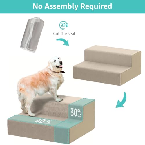 Image of YENING Large Dog Stairs for High Beds - Extra Wide Pet Steps for Large Dogs to Get on Tall Bed 3 Deep Step Cat Ramp for Couch 2 Steps Beige