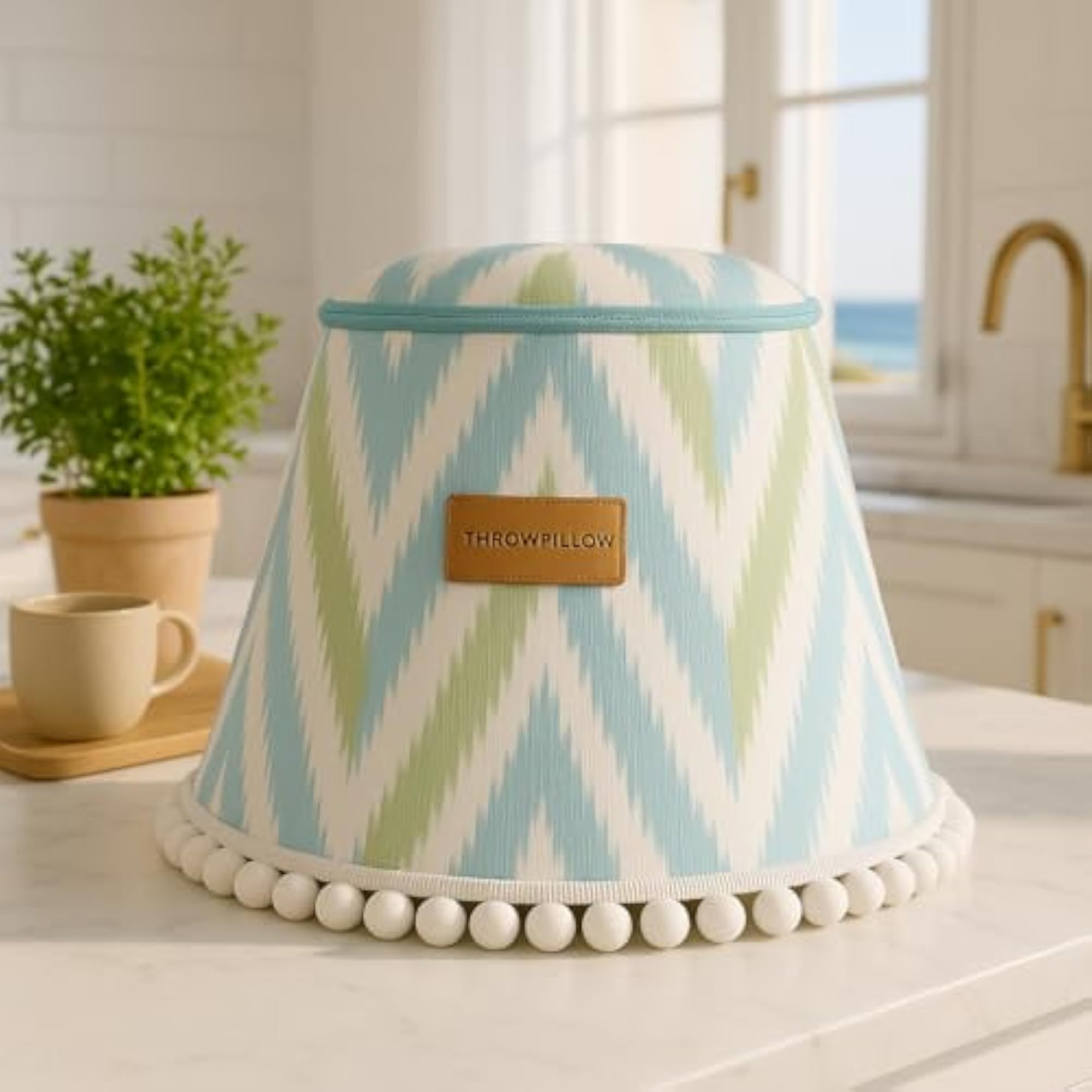 Mixer Cover with Pom Pom Cone Shape Aqua Blue Print