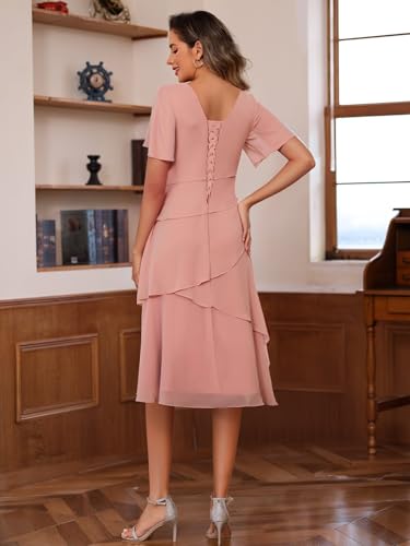 Women’s Chiffon Mother of The Bride Dresses 2025 Tea Length Formal Dress with Ruffles LN1622