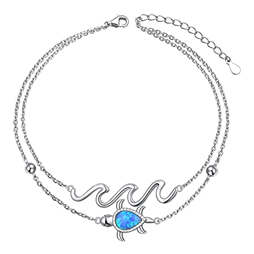 Flyow Created Blue Opal Sea Turtle Wave Anklets For Women 925 Sterling Silver Adjustable Foot Ocean Ankle Bracelet Jewelry 9 10 11 Inch #TOP18