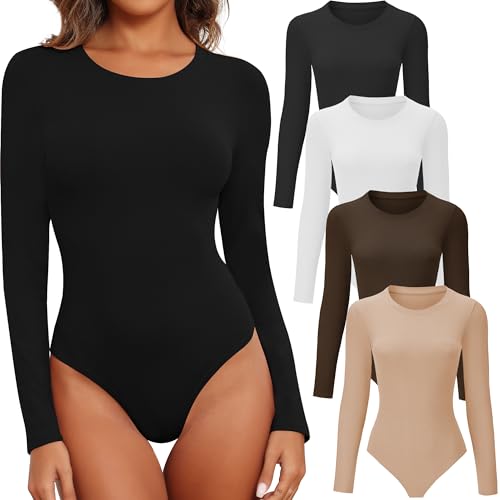 BALENNZ Womens Long Sleeve Bodysuit Round Neck Bodysuit Shirts for Women Crew Neck Body Suits Tops Fall Body Suit Pack