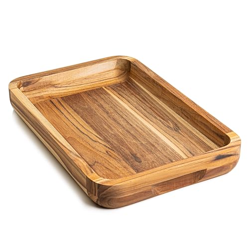 Erreke Bandejas para Servir Comida, Bandeja Madera, Madera de Teca Natural, Rectangular Grande y Resistente, Apto Carnes, Pollo y Pescados, Barbacoa, 39.5x26x5 cm