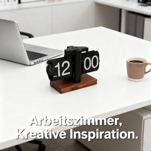 Cocoarm Retro-Klappuhr, Automatische Retro-Uhr, 12 Stunden, Modern, Digital, Mechanisch, mit Holzsockel, Retro-Uhr für Zuhause, Büro, Restaurant (Black)