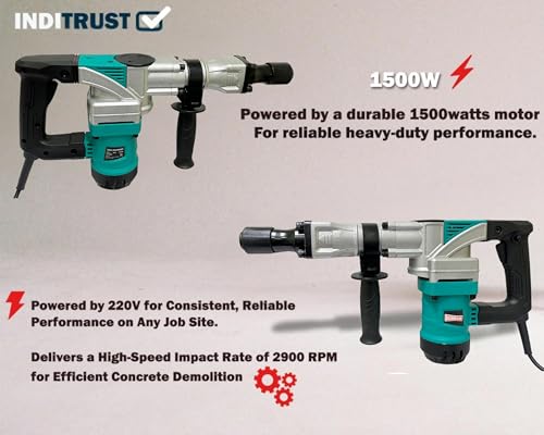 Image of Inditrust Dumdaar 1500W Electric Demolition Hammer, (Green) 7kg, 360 Rotating Handle, Anti-Vibration Control, 2900 RPM