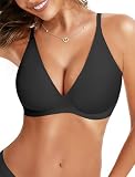 KeepMyself Women's Deep V Push Up Bra - Low Cut Wireless Bralette, Seamless No Underwire with Support Lift & Smoothing for Tshirt Invisible Comfort - Black L