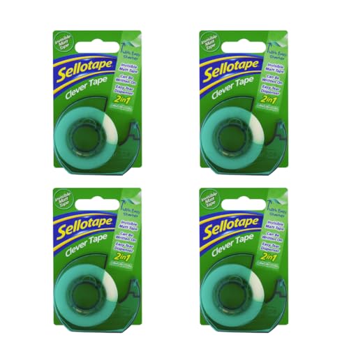 Image of Sellotape Invisible Matt Clever Tape with Dispenser, Easy tear,Can be written on & Invisible when Photocopied,Ideal for Repairing & Joining Documents,Labelling files,School & Office use,18mm x 25m x 4