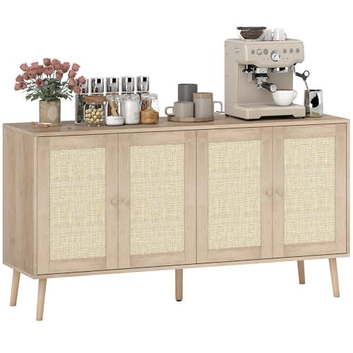 HOMCOM Buffet Salon Meuble de Rangement avec placards à Portes en cannage et étagère réglable, pour Salon, Salle à Manger, dim. 140 x 40 x 75 cm, Effet...