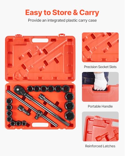 Image of VEVOR 3 /4 in Drive Impact Socket Set, 21 Pieces SAE 3 /4 in to 2 in, 6 Point Cr-V Alloy Steel for Auto Repair, Easy-to-Read Size Markings, Includes Extension Bars, Ratchet Handle and Storage Case
