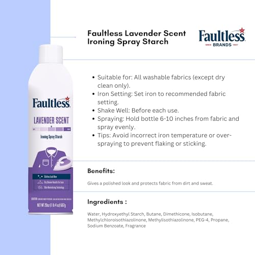 Image of Faultless Heavy & Lavender Ironing Spray Starch 567g (Pack of 2), Gives Stiff and Crisp Finish, Wrinkle-Free, Dry Cleaner Results at Home, Odor-Neutralizing, Easy Iron Aid, Imported from USA
