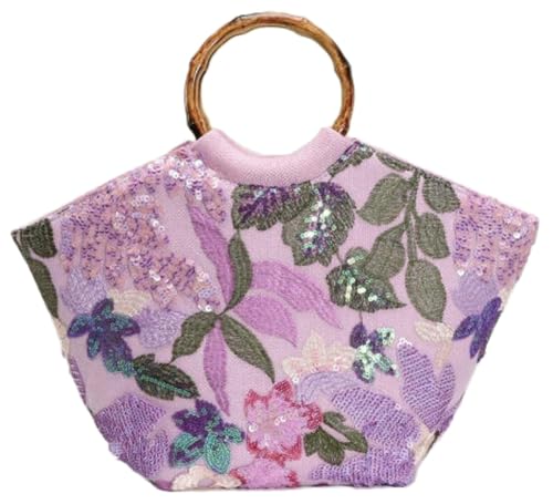 Bolso Tote bordado con lentejuelas y asa de bambú miniatura 1