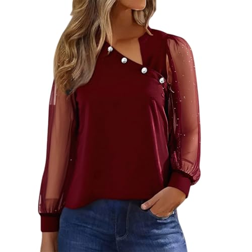 Women Shiny Sequin Shirts Glitter Sexy V Neck Graphic Tees Mesh Long Sleeve Tops Party Shirts Blouse(1B-Red, S)