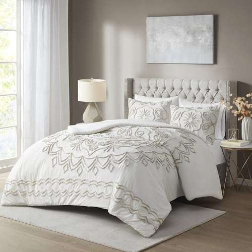 Image of Madison Park Cotton Chenille Tufted Ivory /Taupe Queen Comforter Set, 3pc
