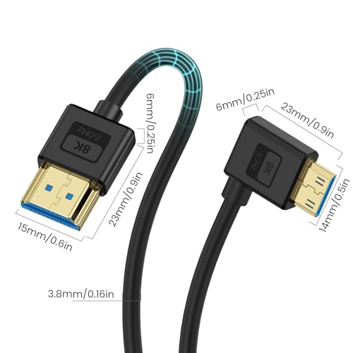 Poyiccot Ultra Thin 8K Mini HDMI to HDMI Cable 1ft, Short Soft Slim 90 Degree Left Angle Mini HDMI Silicone Cable with 8K@60Hz/4K@60Hz/48gbps for Camera, Laptop, HDTV