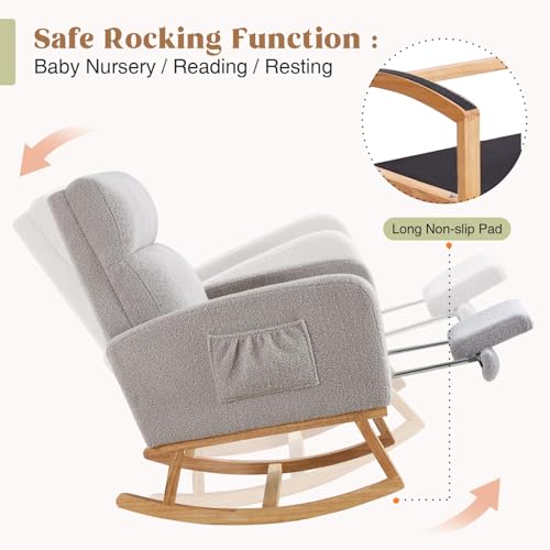 Image of HCHAIRH Rocking Chair Nursery with Foot Rest, Teddy Nursing Rocking Chairs for Mom Nursery, Rocker Glider Chair with Footrest for Living Room, Bedroom, Light Gray