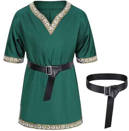 Kids Medieval Costume Boys Viking Tunic Knight Warrior Renaissance Shirts with Belt 3-4T Green