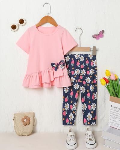 SOLOYEE Girls Clothes 7-8 Years Spring Summer Outfit, Short Sleeve Ruffle Top with Bowknot + Floral Print Capri Pants 2Pcs Set Cute Little Girl Clothing — view 5