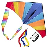 WISESTAR Large Delta Rainbow Kite for Kids and Adults with 2 Kite Tails, 328FT Kite String & Handle - Easy to Assemble & Fly, Premium Ripstop Fabric, Great Beginner Kite for Beach & Outdoor Activities