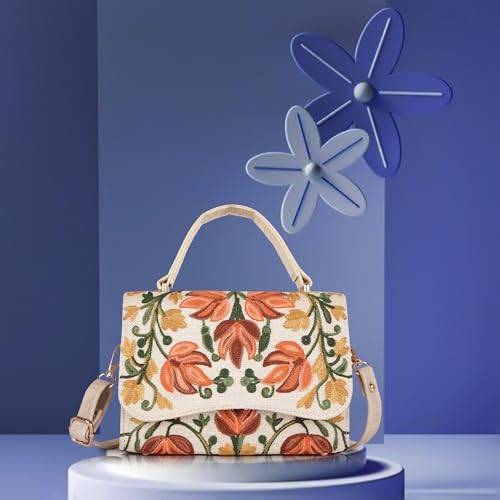 Image of Floral Embroidered Crossbody Sling Bag with Top Handle, Vintage Style Canvas for Women