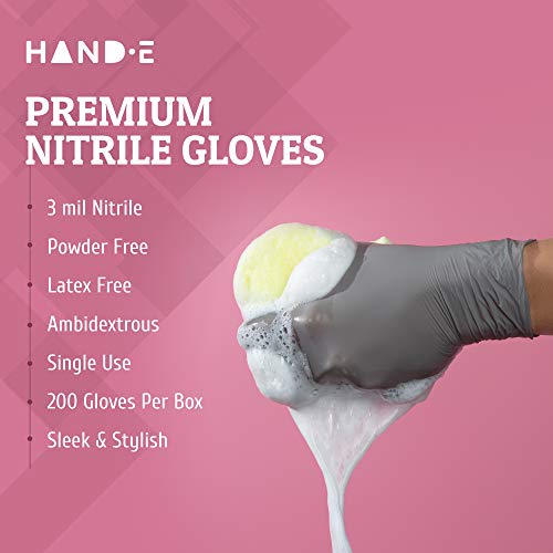 Hand-E Disposable Grey Nitrile Gloves Small - 200 Count - Kitchen Gloves - Powder Free, Latex Free Medical Exam Gloves with Textured Grip Fingertips - Cleaning, Salon, Painting