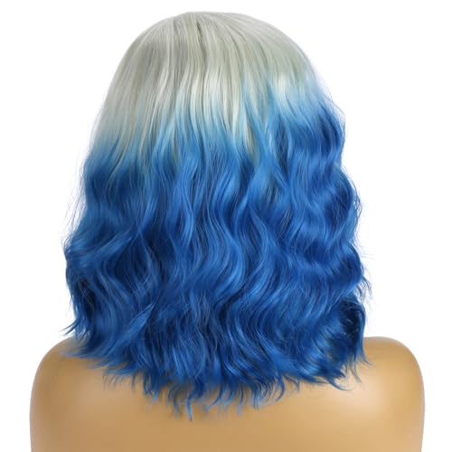 Image of BERON Women Platinum Ombre Blue Wigs Short Curly Wave Wigs Side Part Shoulder Length Wavy Heat Resistant Synthetic Wig Cosplay Costume Party and Daily