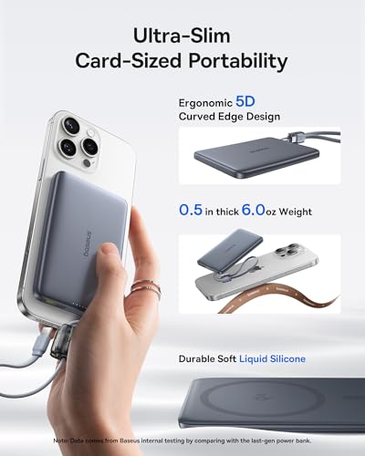 Image of Baseus Picogo Qi2 15W Magsafe Portable Charger, 0.5 inch Ultra Slim 10000mAh Wireless Power Bank with 27W Built-in USB-C Cable, Magnetic Battery Pack for iPhone 17 Pro Max /17 Pro /Air /16 /15 /14 /13 /12