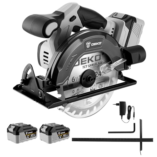 Sega circolare senza fili: DEKOPRO 20V Sega circolare con guida, 4500 giri/min, lama Ø165 mm (24T), profondità massima di taglio 55 mm (90°), 33 mm (45°), ideale per tagliare il legno (2 batterie)